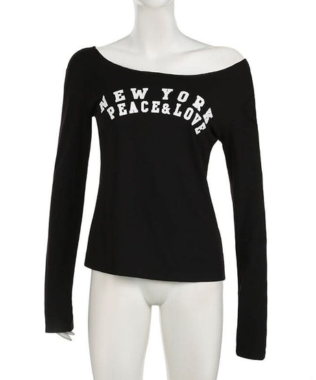 New York Peace & Love Off-Shoulder Long Sleeve Top - Women's Fall Fashion Must-Have