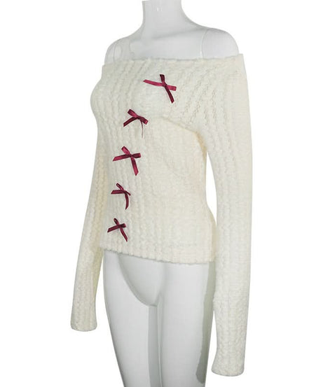 Coquette Bow-Detailed Off-Shoulder Knit Top – Cozy Fall Fashion for American Women