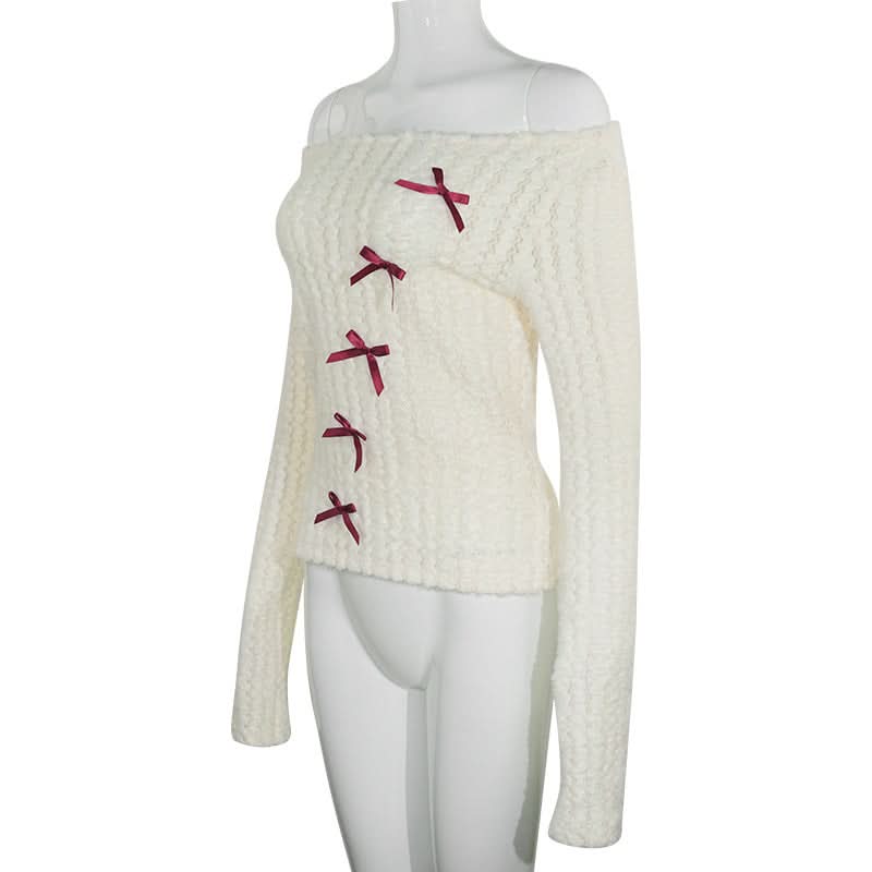 Coquette Bow-Detailed Off-Shoulder Knit Top – Cozy Fall Fashion for American Women