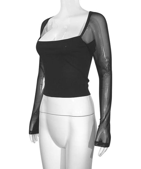 Trendy Square Neck Mesh Long Sleeve Top - Chic Sheer Fall Party & Night Out Style