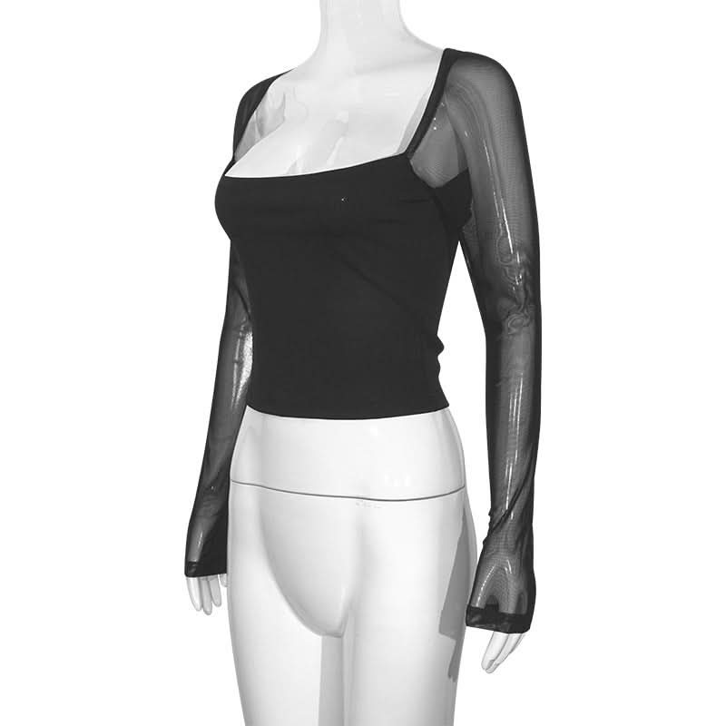 Trendy Square Neck Mesh Long Sleeve Top - Chic Sheer Fall Party & Night Out Style