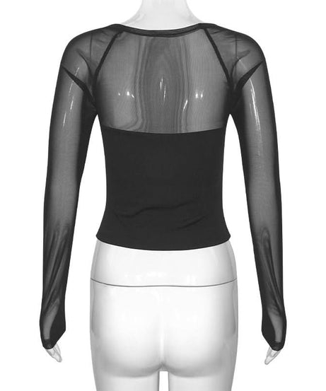 Trendy Square Neck Mesh Long Sleeve Top - Chic Sheer Fall Party & Night Out Style
