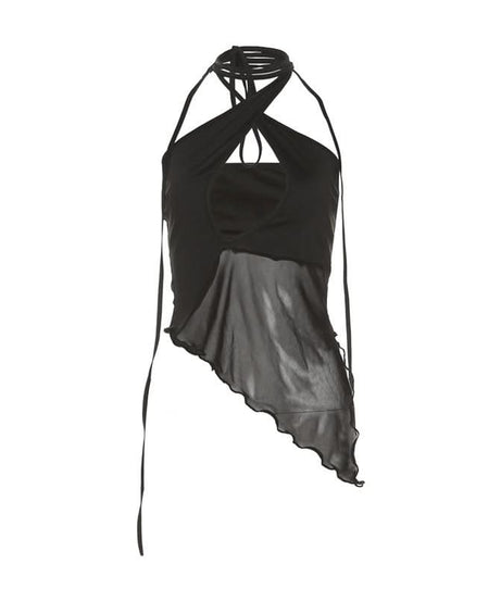 Sultry Sheer Mesh Halter Top | Edgy Cut-Out Black Going Out & Halloween Glam