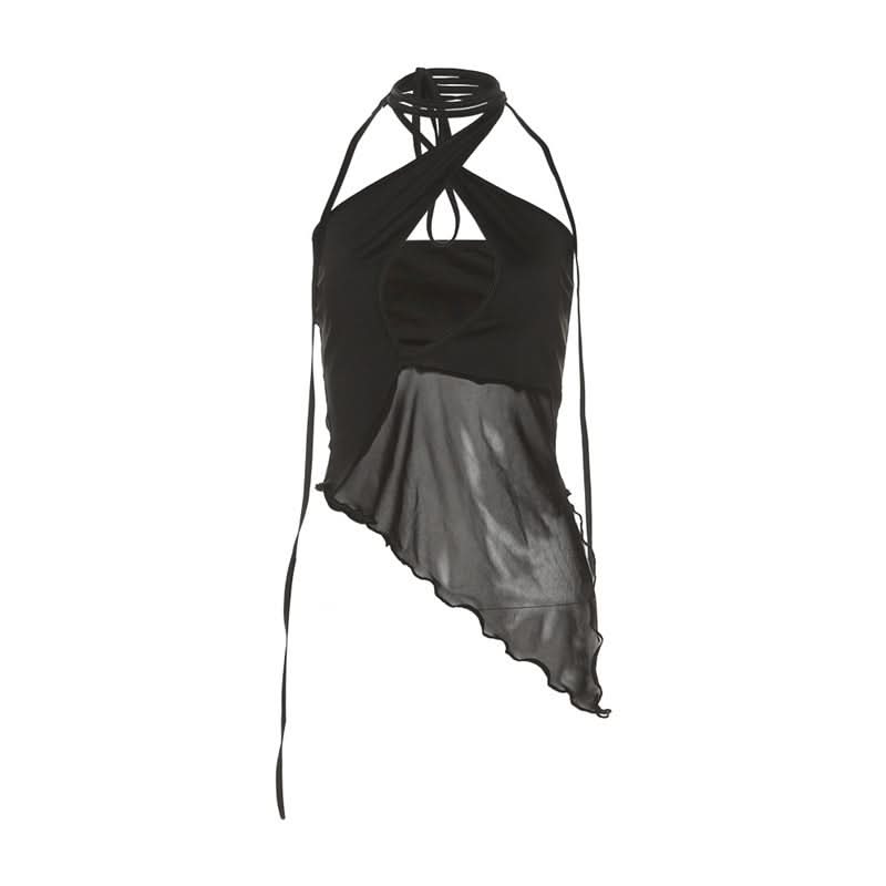 Sultry Sheer Mesh Halter Top | Edgy Cut-Out Black Going Out & Halloween Glam