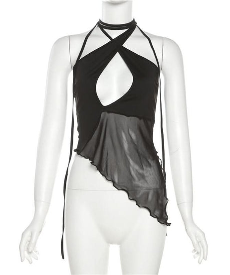 Sultry Sheer Mesh Halter Top | Edgy Cut-Out Black Going Out & Halloween Glam