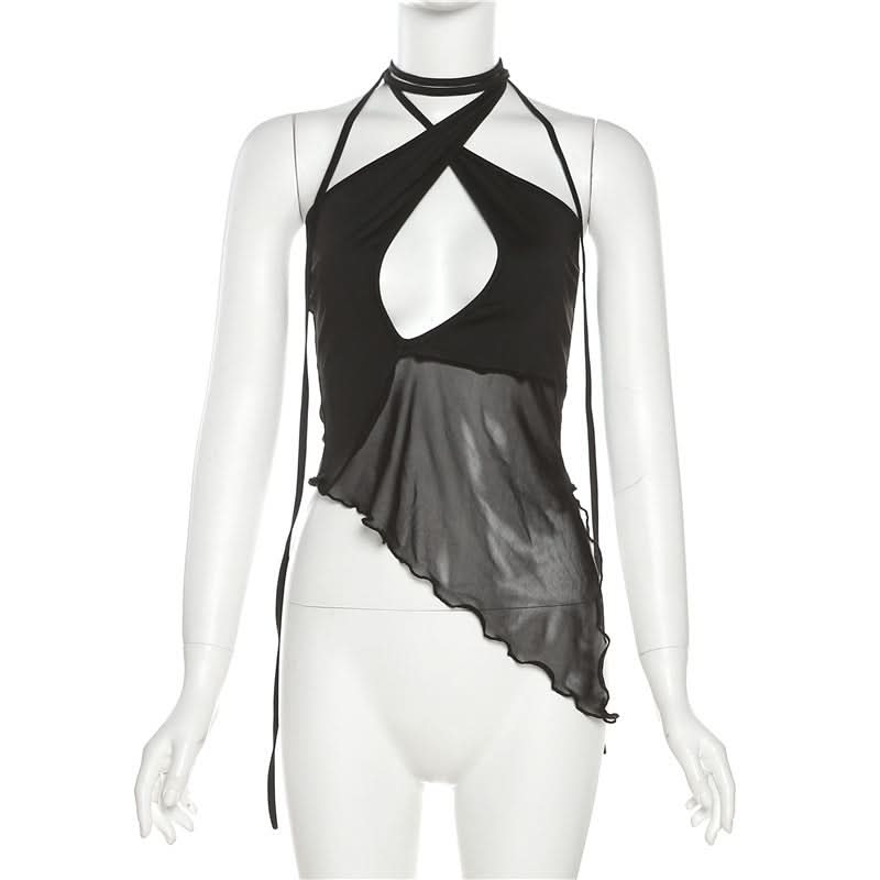 Sultry Sheer Mesh Halter Top | Edgy Cut-Out Black Going Out & Halloween Glam