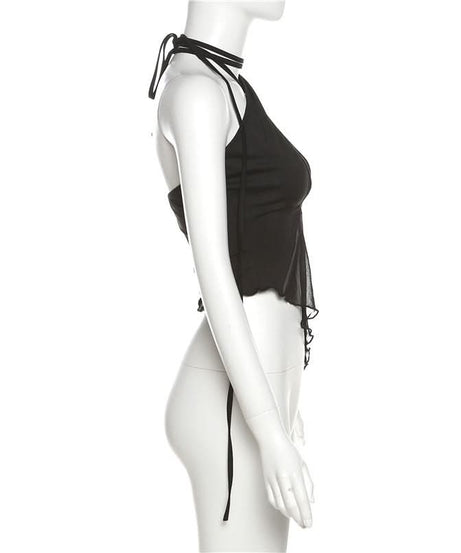 Sultry Sheer Mesh Halter Top | Edgy Cut-Out Black Going Out & Halloween Glam
