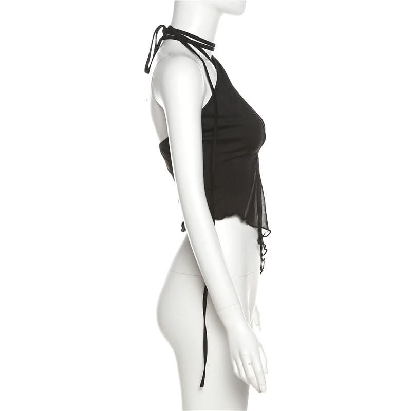 Sultry Sheer Mesh Halter Top | Edgy Cut-Out Black Going Out & Halloween Glam