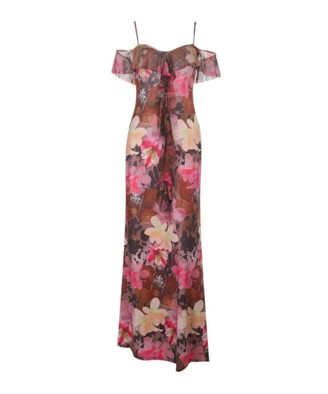 Vibrant Floral Cold Shoulder Maxi Dress | Elegant Ruffle Resort Wear for Fall Getaways