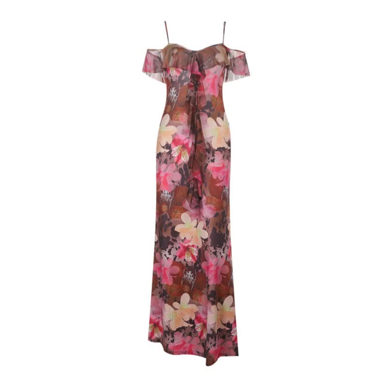 Vibrant Floral Cold Shoulder Maxi Dress | Elegant Ruffle Resort Wear for Fall Getaways
