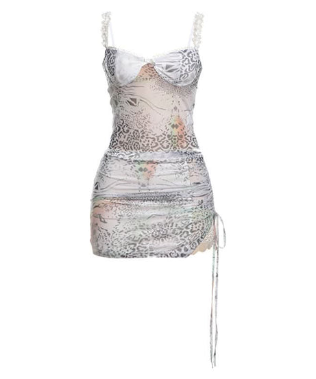 Chic Mesh Animal Print Ruched Mini Dress – Y2K Style for Fall Parties & Night Outs