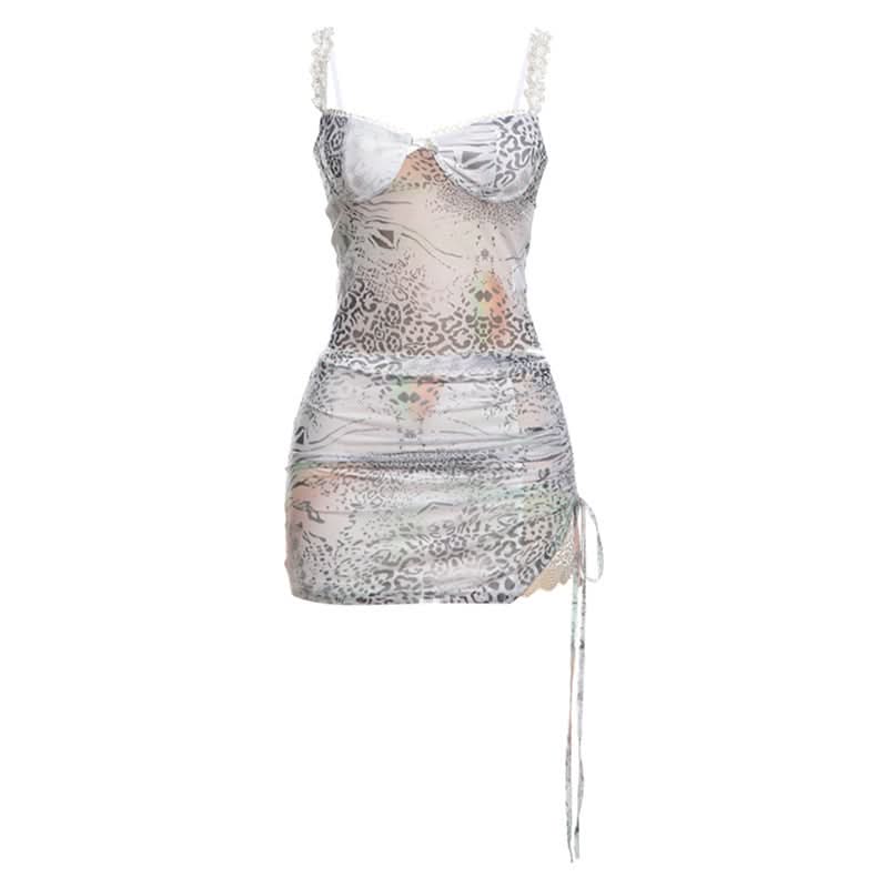 Chic Mesh Animal Print Ruched Mini Dress – Y2K Style for Fall Parties & Night Outs