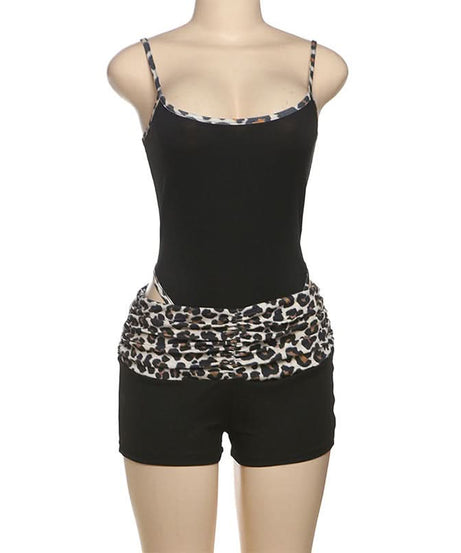 Effortless Chic: Women's Leopard Trim Cami & Ruched Shorts Set – Cozy Loungewear & Fall Getaway Essential
