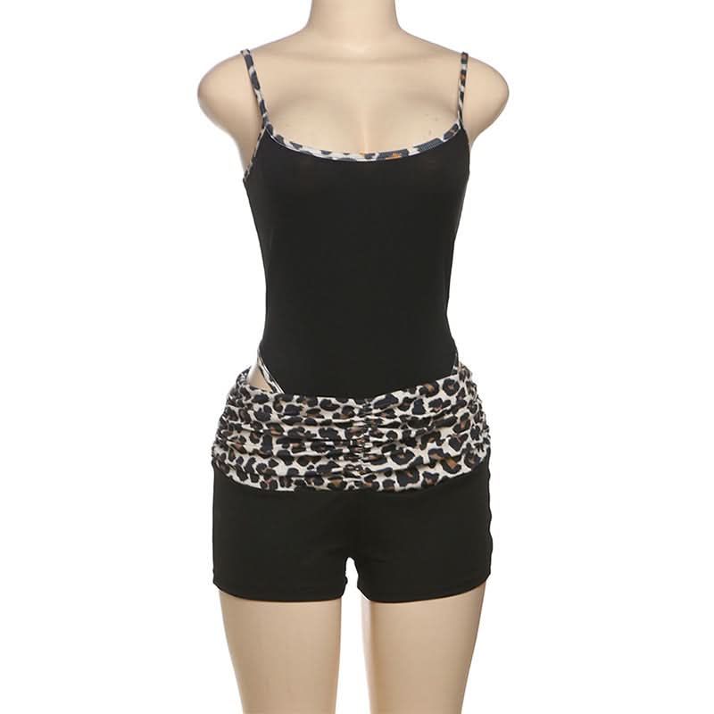 Effortless Chic: Women's Leopard Trim Cami & Ruched Shorts Set – Cozy Loungewear & Fall Getaway Essential