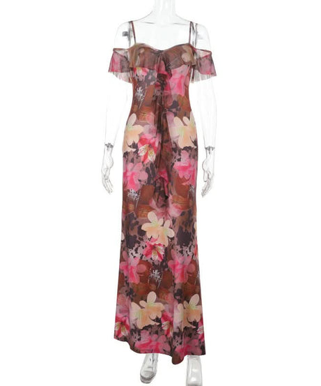 Vibrant Floral Cold Shoulder Maxi Dress | Elegant Ruffle Resort Wear for Fall Getaways