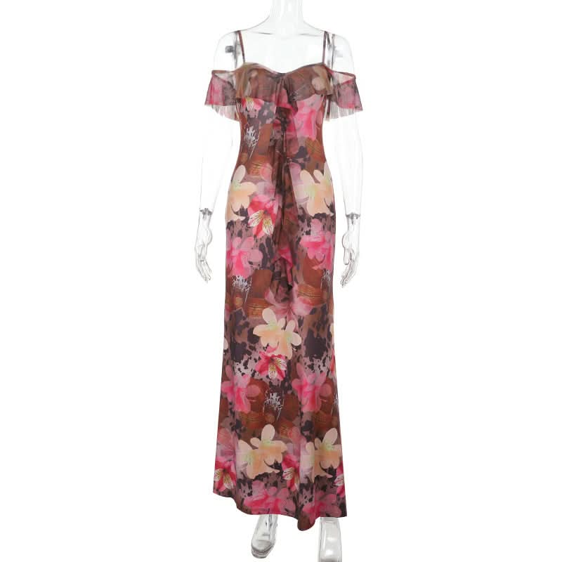 Vibrant Floral Cold Shoulder Maxi Dress | Elegant Ruffle Resort Wear for Fall Getaways