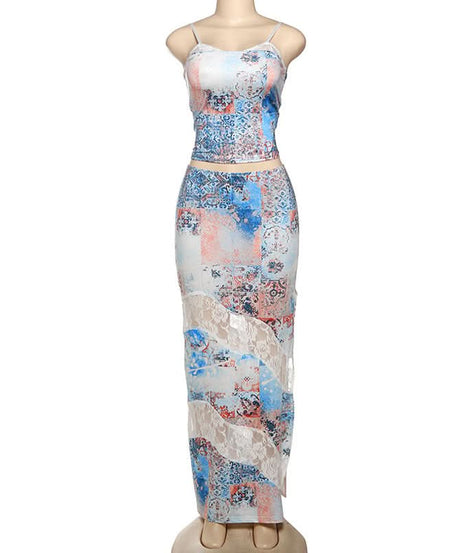 Chic Patchwork Cami Top & Lace Slit Maxi Skirt Set - Your Fall Getaway Essential