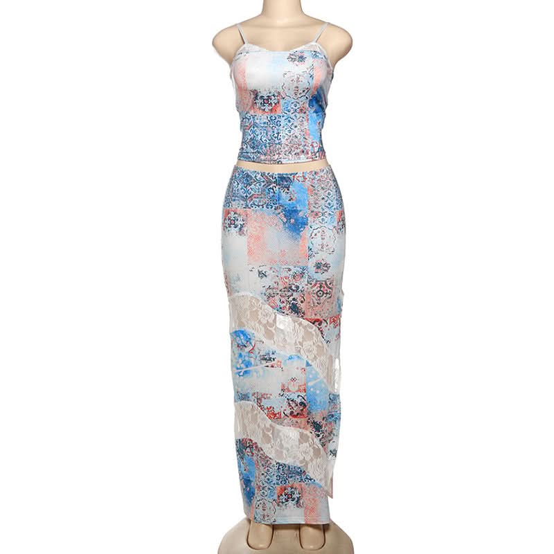 Chic Patchwork Cami Top & Lace Slit Maxi Skirt Set - Your Fall Getaway Essential