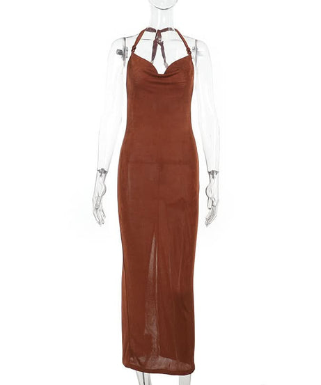 Slinky Cowl Neck Halter Maxi Dress - Beaded Straps & High Slit | Fall & Holiday Party Ready