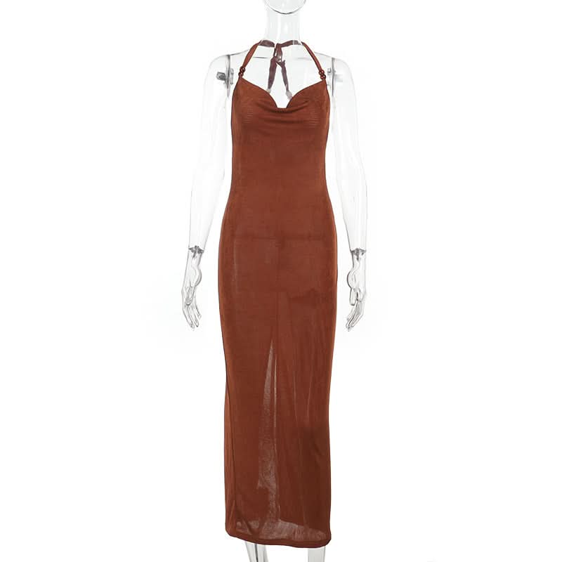 Slinky Cowl Neck Halter Maxi Dress - Beaded Straps & High Slit | Fall & Holiday Party Ready