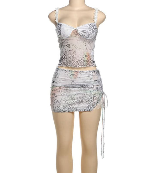 Chic Mesh Animal Print Ruched Mini Dress – Y2K Style for Fall Parties & Night Outs