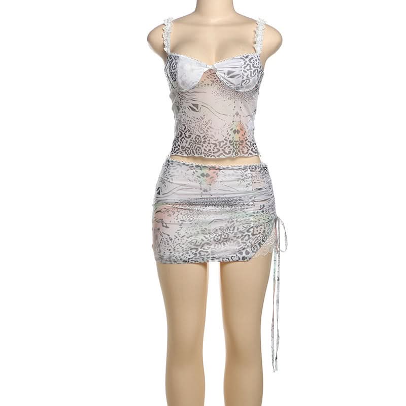 Chic Mesh Animal Print Ruched Mini Dress – Y2K Style for Fall Parties & Night Outs