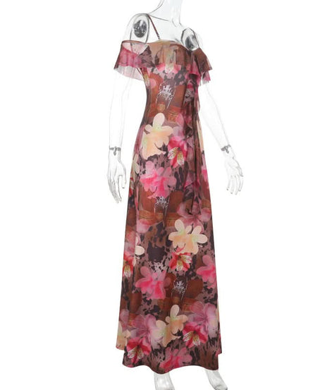 Vibrant Floral Cold Shoulder Maxi Dress | Elegant Ruffle Resort Wear for Fall Getaways