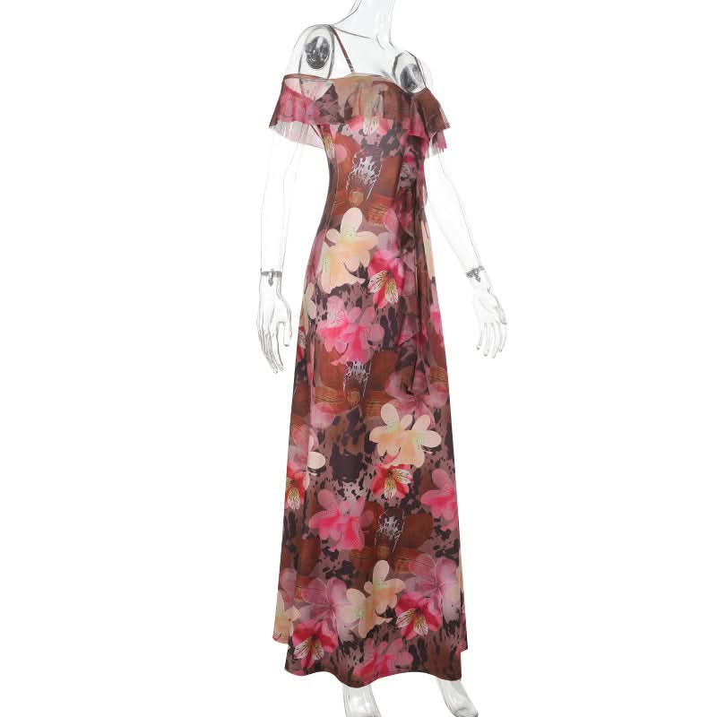 Vibrant Floral Cold Shoulder Maxi Dress | Elegant Ruffle Resort Wear for Fall Getaways