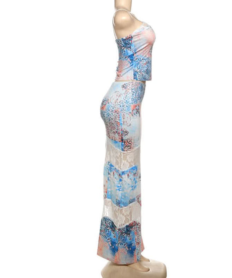Chic Patchwork Cami Top & Lace Slit Maxi Skirt Set - Your Fall Getaway Essential