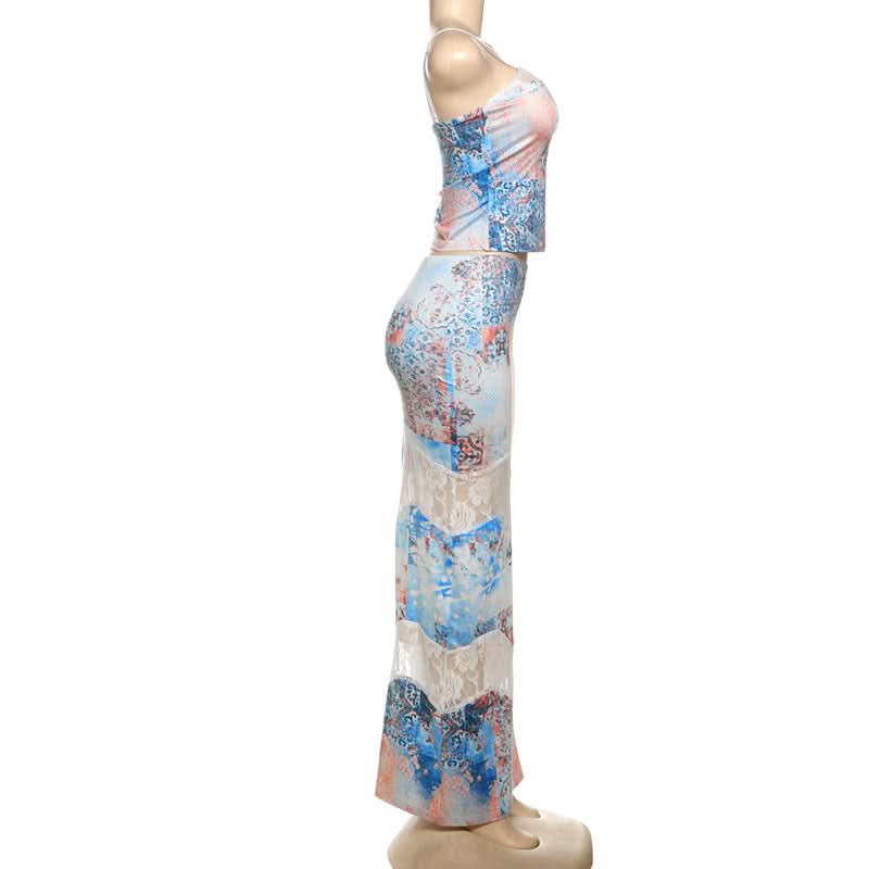 Chic Patchwork Cami Top & Lace Slit Maxi Skirt Set - Your Fall Getaway Essential