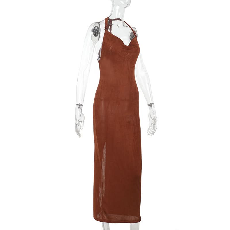 Slinky Cowl Neck Halter Maxi Dress - Beaded Straps & High Slit | Fall & Holiday Party Ready