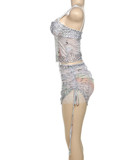 Chic Mesh Animal Print Ruched Mini Dress – Y2K Style for Fall Parties & Night Outs