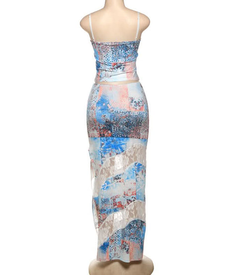 Chic Patchwork Cami Top & Lace Slit Maxi Skirt Set - Your Fall Getaway Essential
