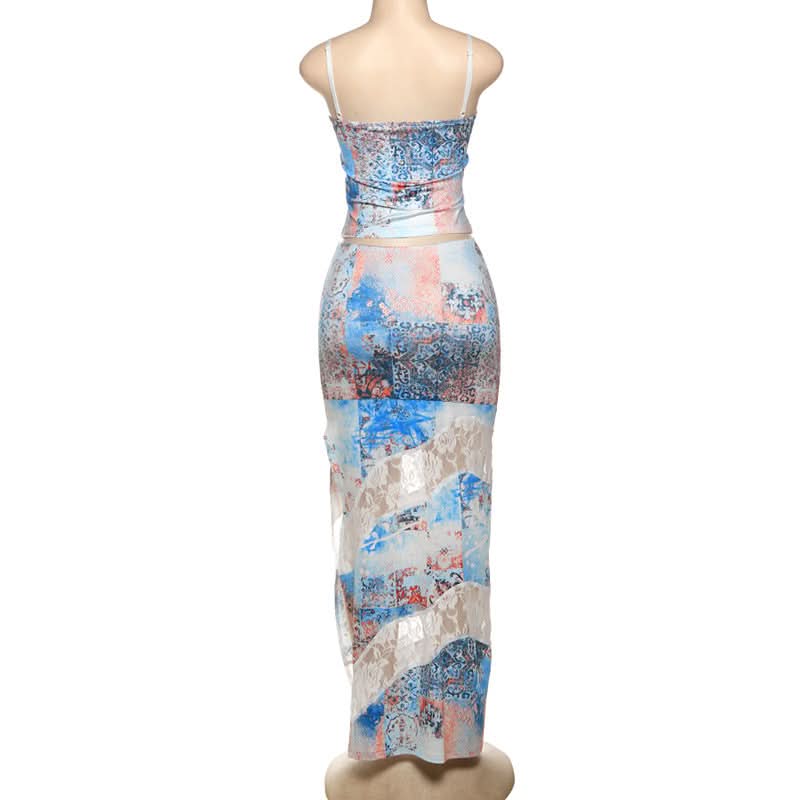 Chic Patchwork Cami Top & Lace Slit Maxi Skirt Set - Your Fall Getaway Essential