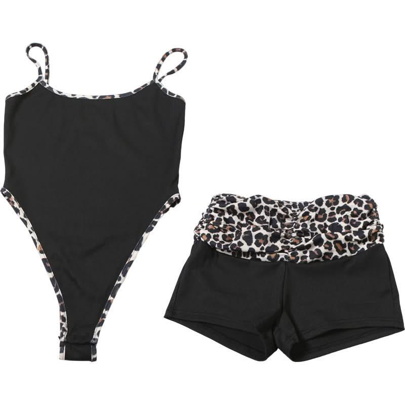 Effortless Chic: Women's Leopard Trim Cami & Ruched Shorts Set – Cozy Loungewear & Fall Getaway Essential