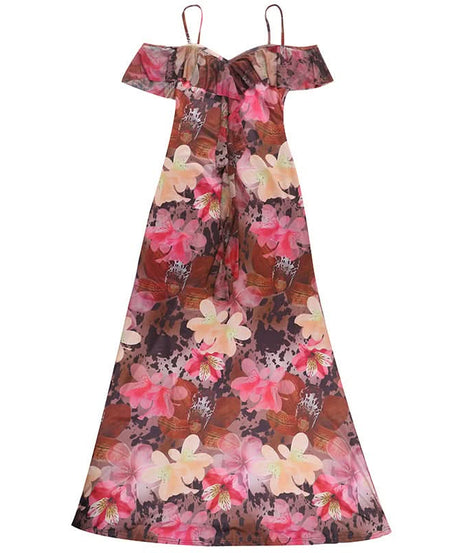 Vibrant Floral Cold Shoulder Maxi Dress | Elegant Ruffle Resort Wear for Fall Getaways