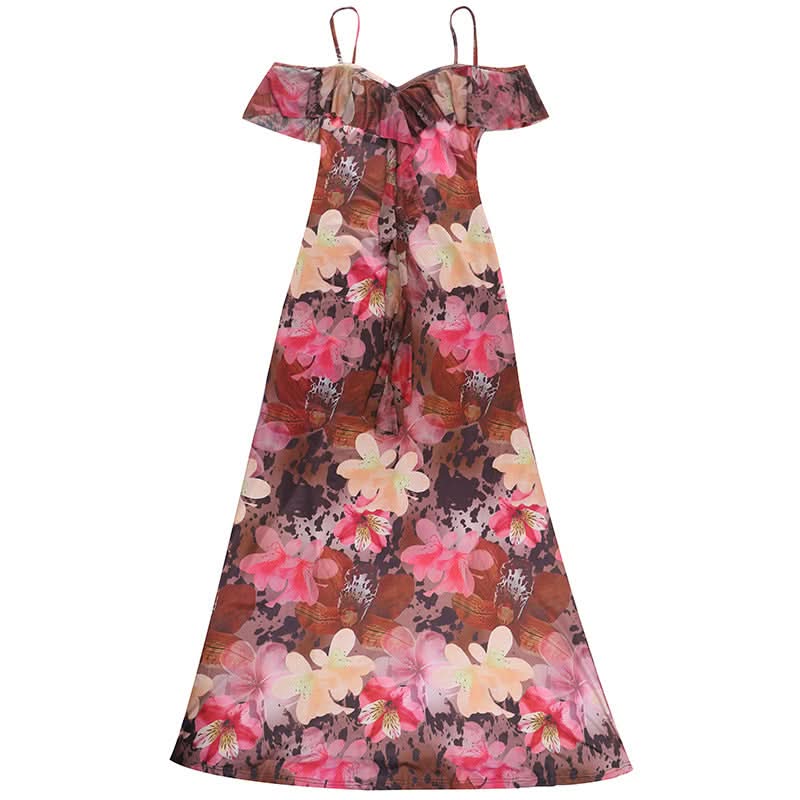 Vibrant Floral Cold Shoulder Maxi Dress | Elegant Ruffle Resort Wear for Fall Getaways