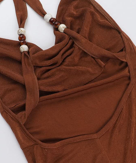 Slinky Cowl Neck Halter Maxi Dress - Beaded Straps & High Slit | Fall & Holiday Party Ready