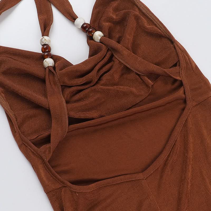 Slinky Cowl Neck Halter Maxi Dress - Beaded Straps & High Slit | Fall & Holiday Party Ready