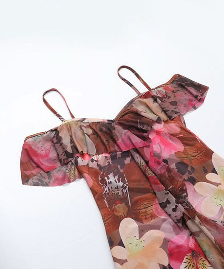 Vibrant Floral Cold Shoulder Maxi Dress | Elegant Ruffle Resort Wear for Fall Getaways