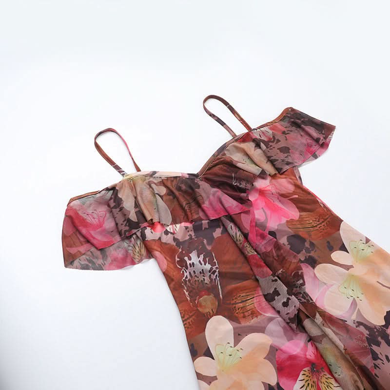 Vibrant Floral Cold Shoulder Maxi Dress | Elegant Ruffle Resort Wear for Fall Getaways