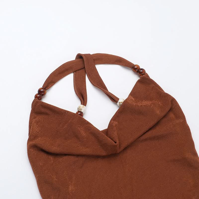 Slinky Cowl Neck Halter Maxi Dress - Beaded Straps & High Slit | Fall & Holiday Party Ready