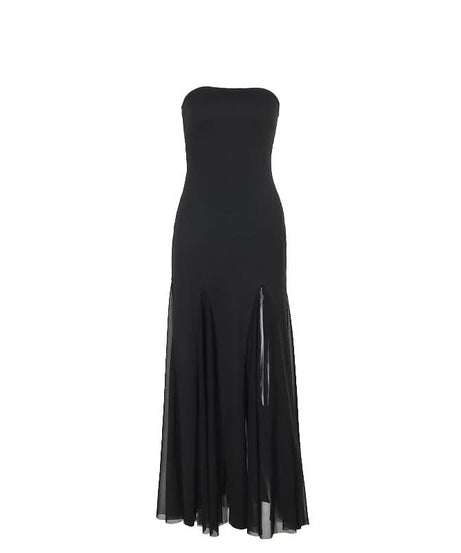 Chic Black Strapless Maxi Dress with Sultry Mesh Slits - Your Go-To for Fall Galas & Holiday Parties