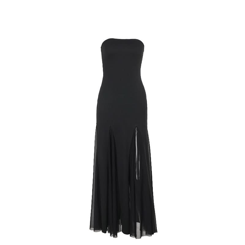Chic Black Strapless Maxi Dress with Sultry Mesh Slits - Your Go-To for Fall Galas & Holiday Parties