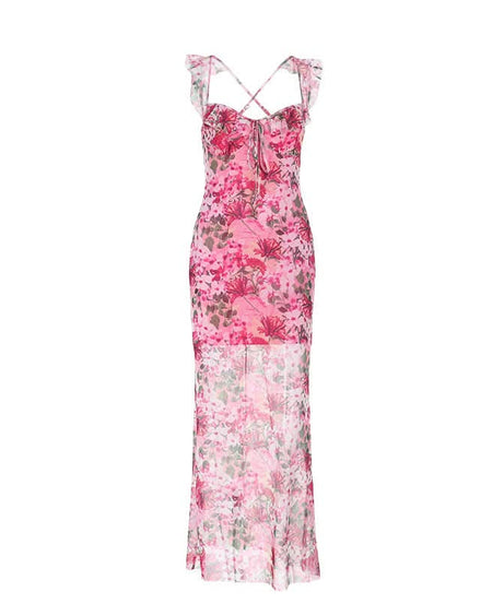 Vibrant Hot Pink Floral Mesh Maxi Dress | Ruffled Cami Cross-Back for Fall Events & Tropical Getaways