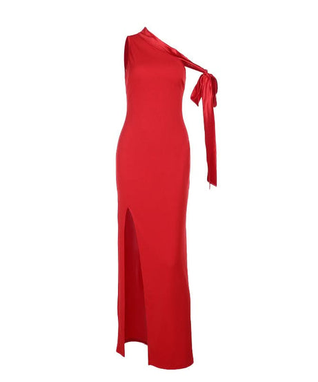 Scarlet Siren: Elegant One-Shoulder High Slit Maxi Dress – Your Glamorous Pick for Fall & Holiday Events