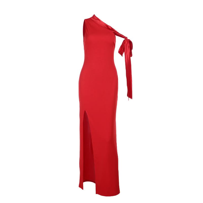 Scarlet Siren: Elegant One-Shoulder High Slit Maxi Dress – Your Glamorous Pick for Fall & Holiday Events
