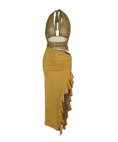 Sienna Olive Halter Mesh Cut-Out Maxi Dress - Chic Ruched Ruffle for Fall & Holiday Events