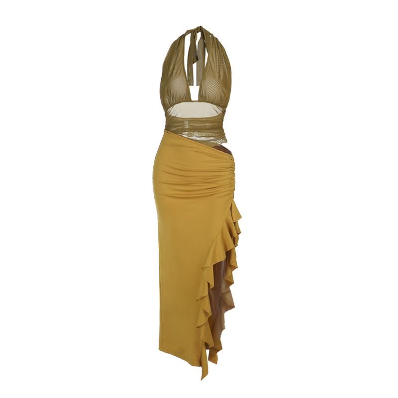 Sienna Olive Halter Mesh Cut-Out Maxi Dress - Chic Ruched Ruffle for Fall & Holiday Events