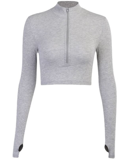 Cozy Chic Ribbed Quarter-Zip Crop Top | Women's Long Sleeve Athleisure with Thumbholes for Fall